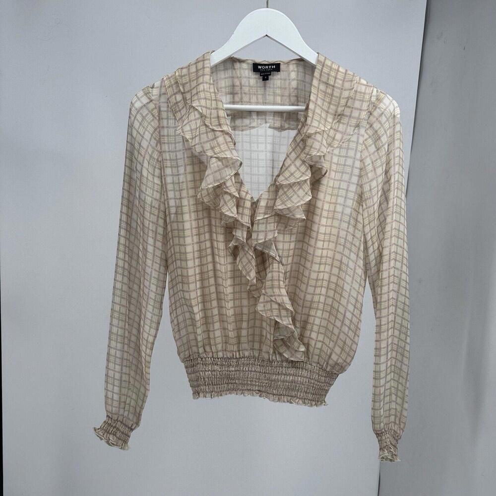 WORTH Womens Blouse Top Shirt 100% Silk Ruffle Plaid Sz P Or Xs Long Sleeve